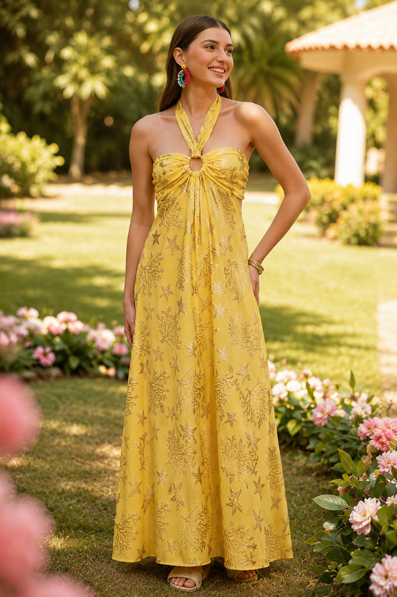 Damen Lurex Maxi-Kleid mit Neckholder | Fließendes Sommerkleid aus Baumwolle | Empire-Taille | Maritimer Lookendes Sommerkleid aus Baumwolle | Empire-Taille | Maritimer Look