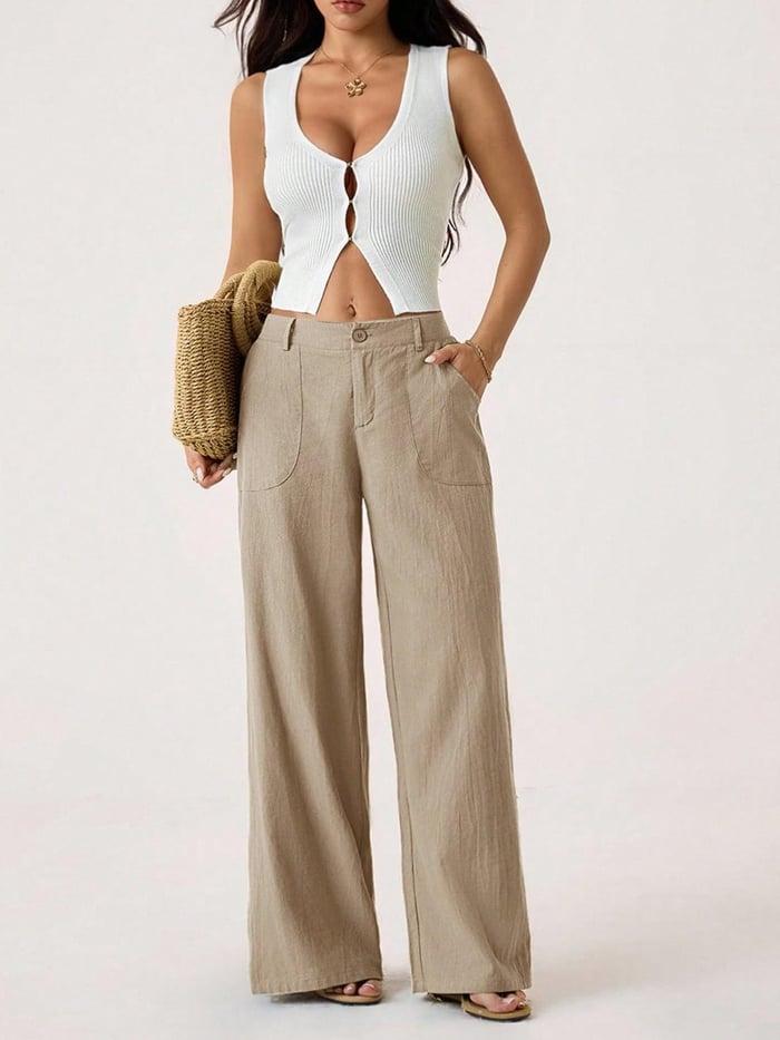 Damen Palazzo Hose aus Baumwoll-Leinen | High Waist Sommerhose mit Weitem Bein &amp; Taschen | Luftig &amp; Bequem