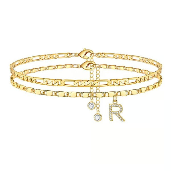 Chaîne de cheville lettres multicouches et réglable | Hypoallergénique, sans nickel ni plomb | Or/argent | 21,5 cm + 5 cm