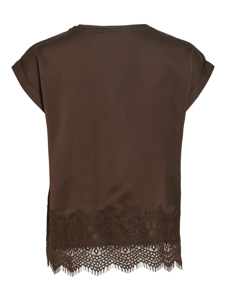 Damen Bluse | Kurzarmbluse mit Rundhalsausschnitt, Spitzensaum und weich fallender Optik