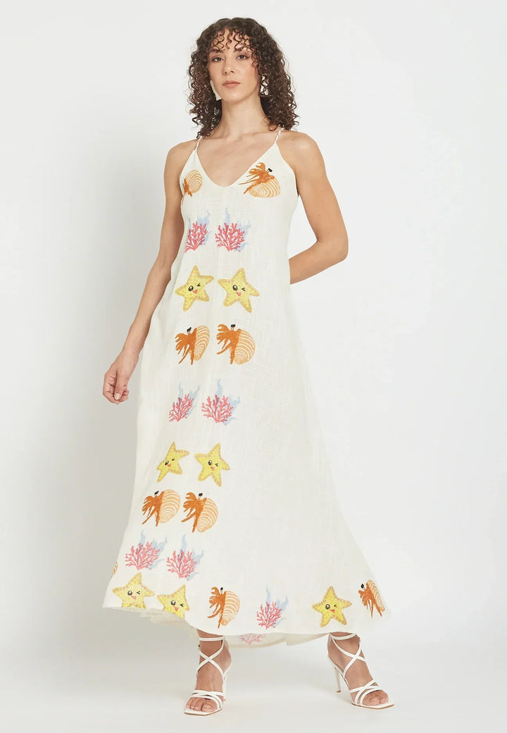 Damen Maxikleid mit Meeresstickerei | Coral Coast Sommerkleid | Leichtes Strandkleid | Luftig &amp; Fließend