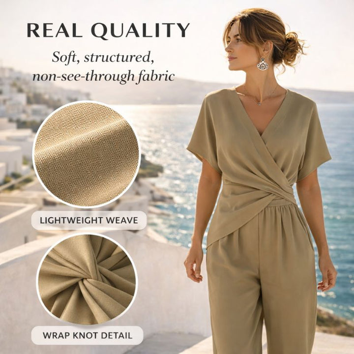 Damen Wickel-Zweiteiler mit V-Ausschnitt | Figurbetontes Top &amp; Weite Hose | Leicht &amp; atmungsaktiv S–4XL