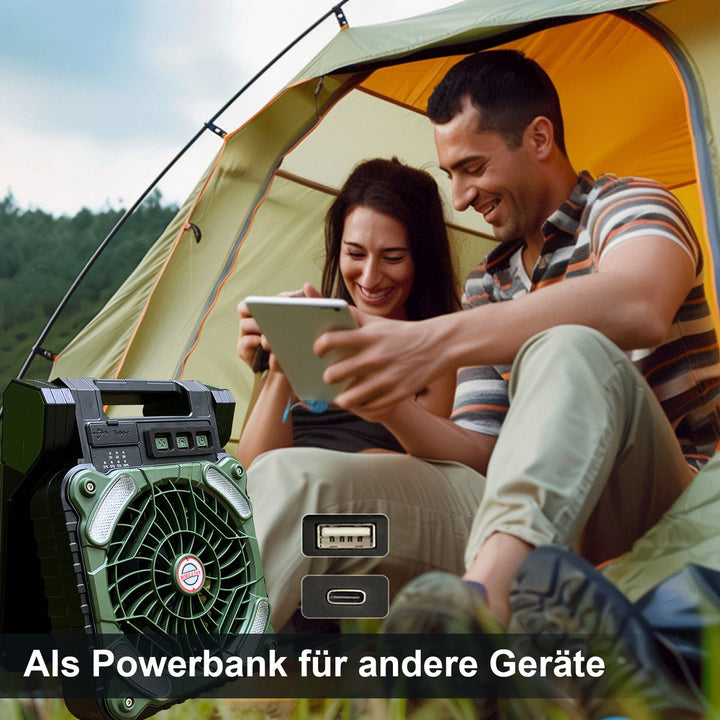 Portable solar camping fan | LED light &amp; 20800 mAh power bank | Sun breeze