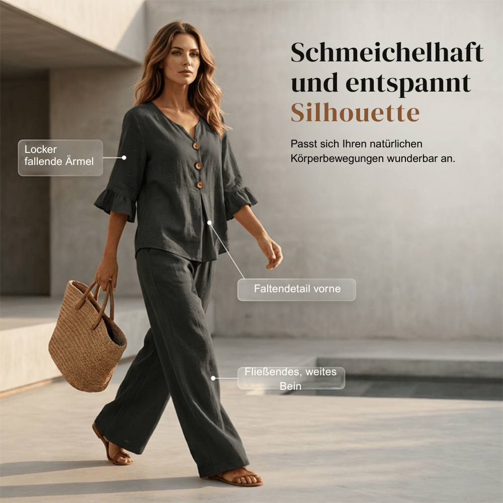 Damen-Loungeset | Zweiteiliges Set aus Baumwollmischung mit Rüschenärmeln und weiter Hose für Freizeit und Alltag
