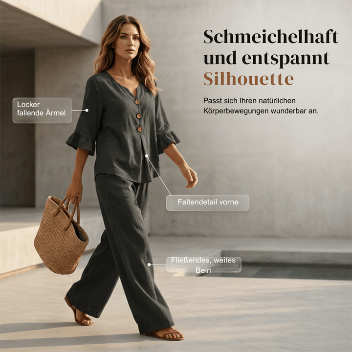 Damen-Loungeset | Zweiteiliges Set aus Baumwollmischung mit Rüschenärmeln und weiter Hose für Freizeit und Alltag