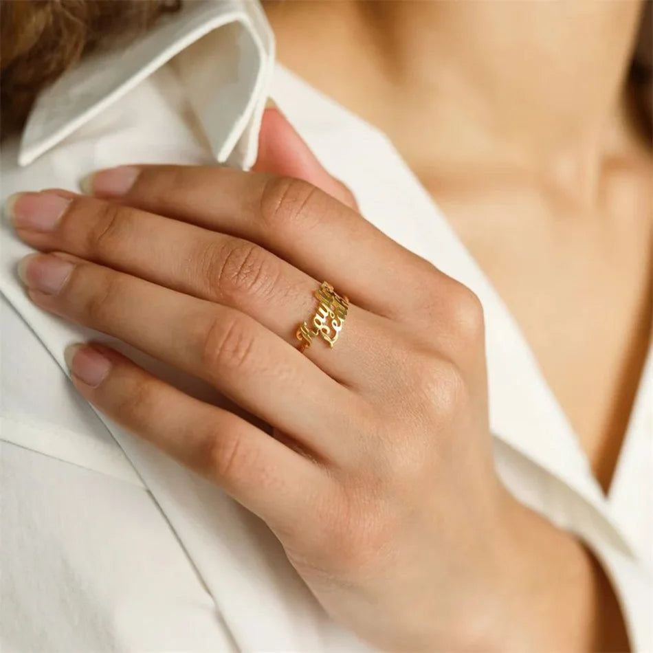 Personalisierbarer Namensring mit 2 Namen | Edelstahl mit 18K-Vergoldung | Verstellbare Größe | Gold, Silber &amp; Roségold