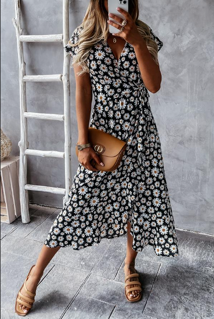 Damen Midikleid mit Gänseblümchenmuster | A-Linie &amp; herzförmiger Ausschnitt | Leichtes Material für Sommer &amp; Events
