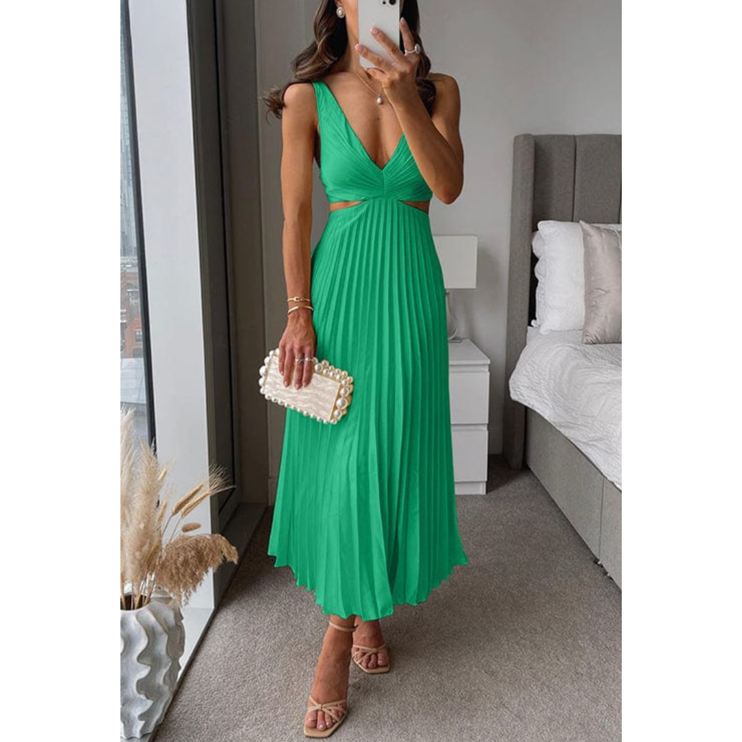 Pleated Midi Dress with V-neck &amp; Waist Cutouts | Sleeveless, Regular Fit | Elegant Dress for Events &amp; Evenings