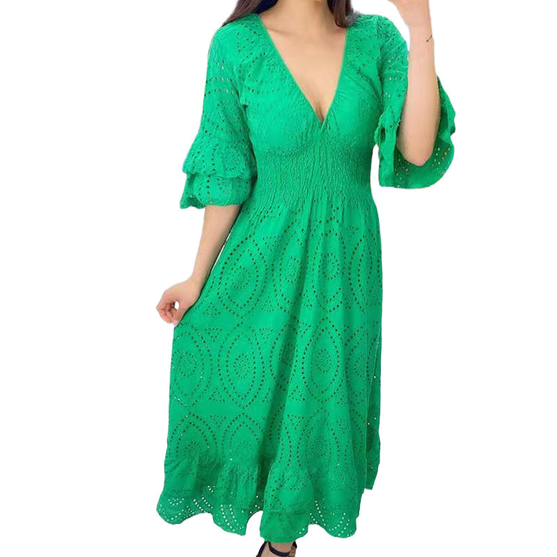 Damen Midikleid V-Ausschnitt mit hoher Taille | Bestickte Ärmel, elastischer Bund | Luftig aus Baumwolle | Elegant &amp; Alltag
