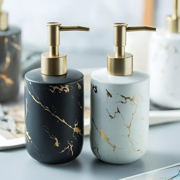 Distributeur de savon de luxe en céramique | Aspect marbre &amp; accents dorés | 400 ml, élégant pour salle de bain &amp; cuisine