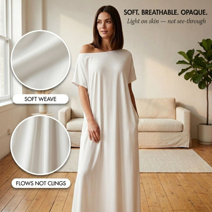 Off-shoulder maxi dress with pockets | Loose and airy | Summer dress with wide neckline S–2XL