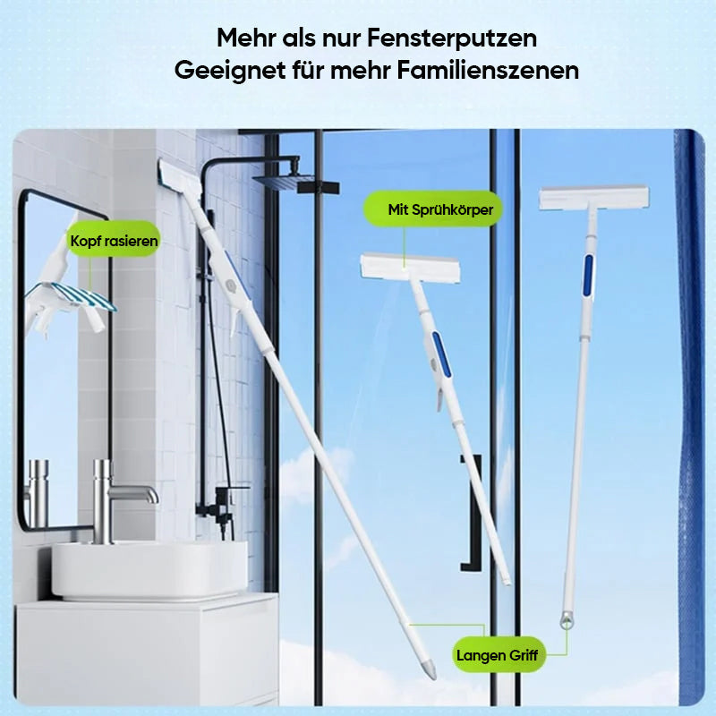 Fensterreiniger mit Teleskopstange &amp; Doppelabzieher | Streifenfreie Glasreinigung mit Sprühfunktion | Für Fenster &amp; Spiegel