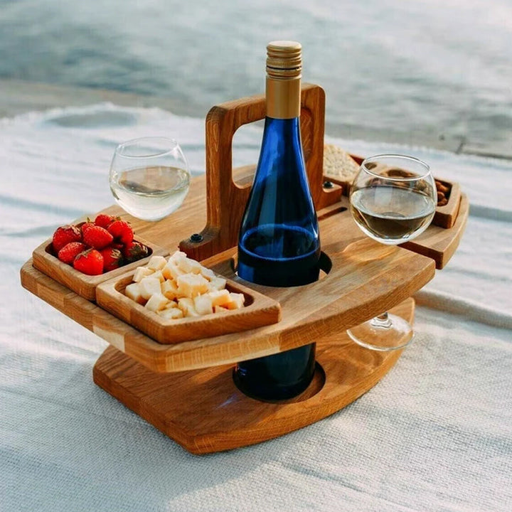 Table en bois pour pique-nique &amp; vin | Place pour bouteille, 2 verres &amp; snacks | Bois massif avec poignée | compact pour emporter
