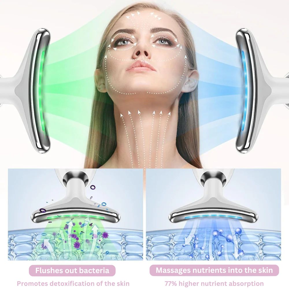 Anti-Falten Nacken- &amp; Gesichtsmassagegerät | Ionenreinigung, Vibration &amp; Wärme | LED Rot/Blau/Grün | USB-aufladbar