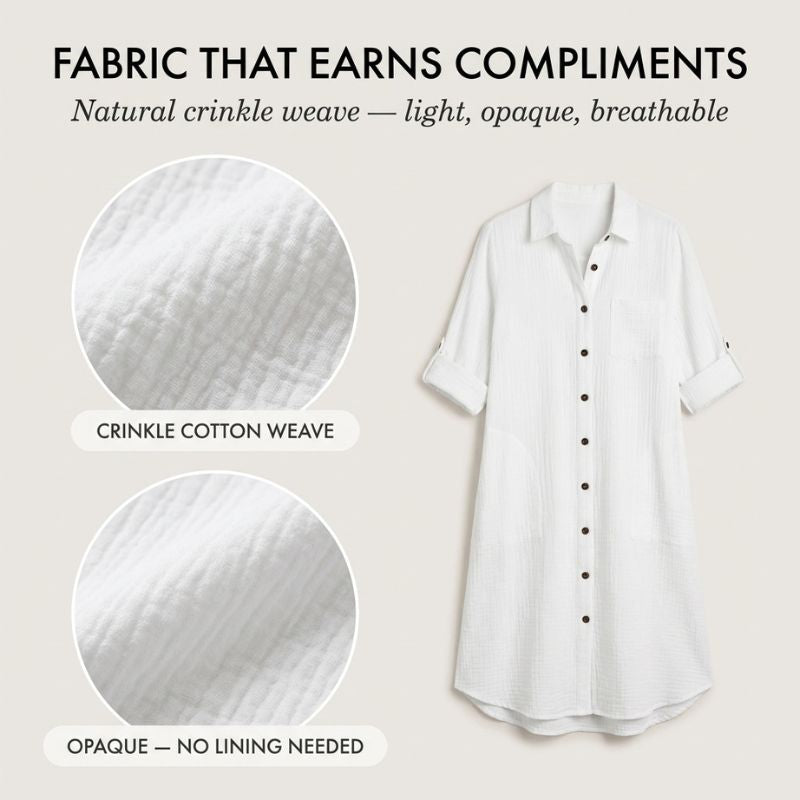 Damen Shirtkleid aus Musselin-Baumwolle | Knopfleiste &amp; Taschen | Luftig, blickdicht, lässiger Schnitt für Sommer