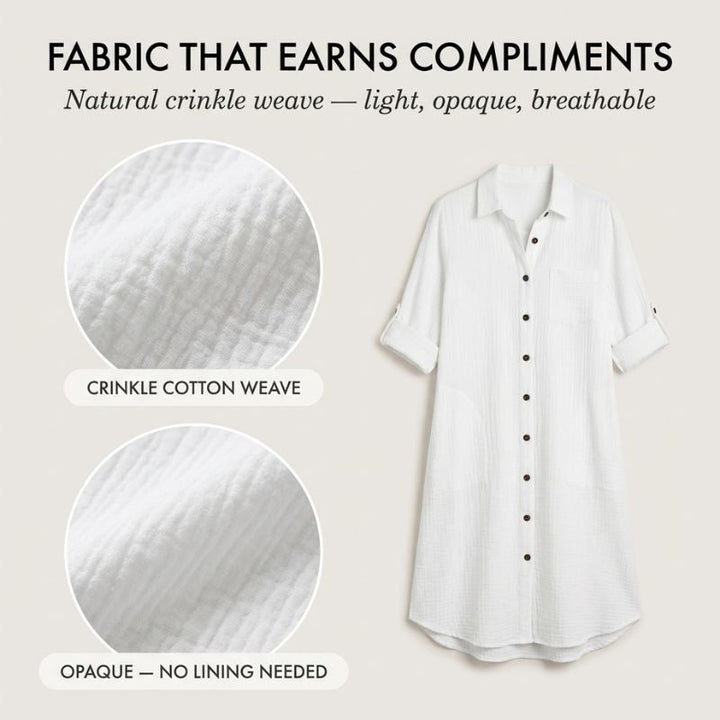Damen Shirtkleid aus Musselin-Baumwolle | Knopfleiste &amp; Taschen | Luftig, blickdicht, lässiger Schnitt für Sommer