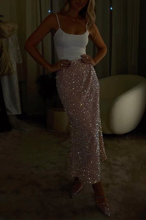 Damen Midirock mit hoher Taille | Eleganter Rock mit funkelnder Paillettenverzierung für Partys und festliche Anlässe