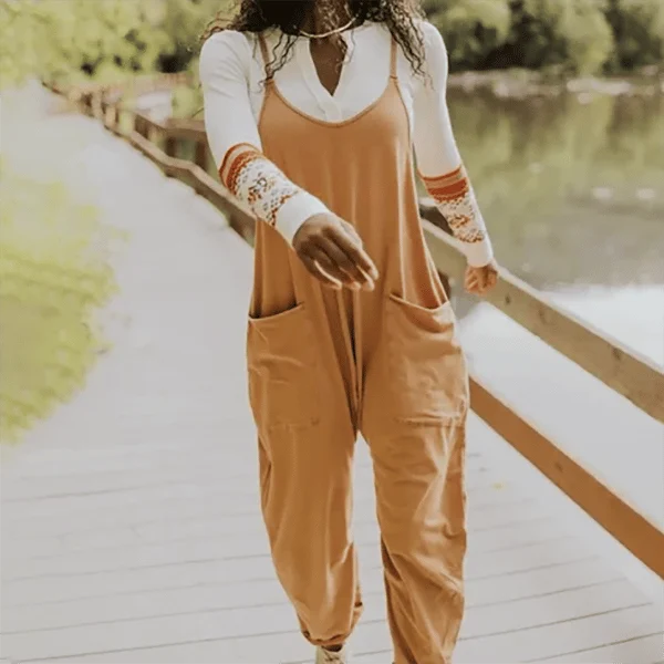 Damen Jumpsuit V-Ausschnitt mit Taschen | Lockerer, leichter Overall einfarbig | Alltag, Urlaub &amp; City | Gr. S–4XL