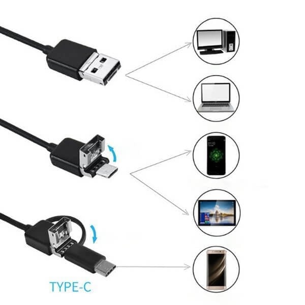 Endoskopkamera 3-in-1 für Handy &amp; PC | 7 mm Sonde, IP67 wasserdicht | 6 LED-Lichter dimmbar | 720p HD | Kabel 1–10 m
