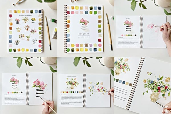 Cahier de travail aquarelle pour débutants | 12 motifs avec guide étape par étape | Papier 120 lb, 6,5"×9", mélange et peinture