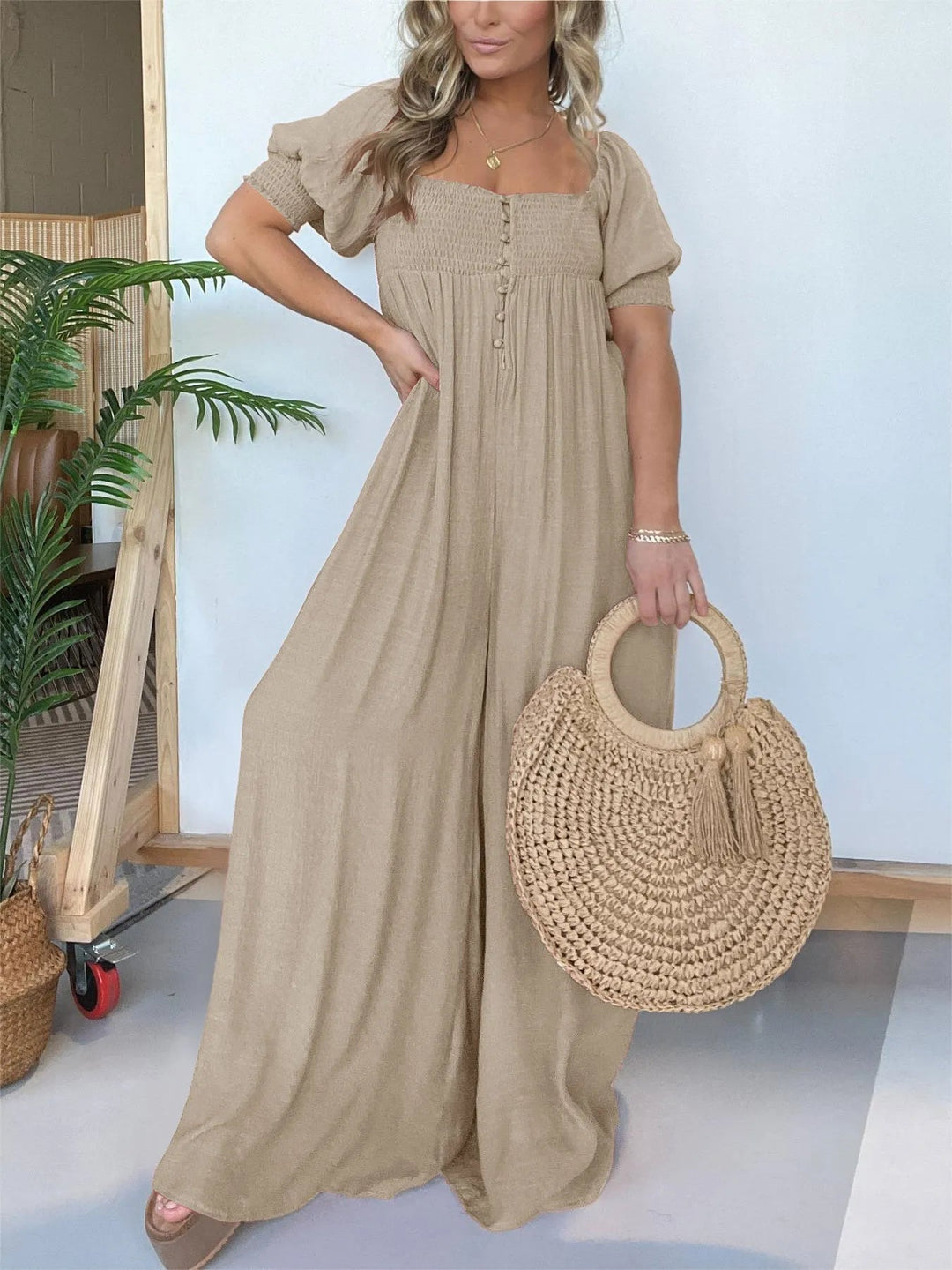 Damen Jumpsuit mit quadratischem Ausschnitt | gesmocktes Oberteil &amp; Taschen | locker-lässig, Coco-Muster | ideal für Sommer &amp; Urlaub