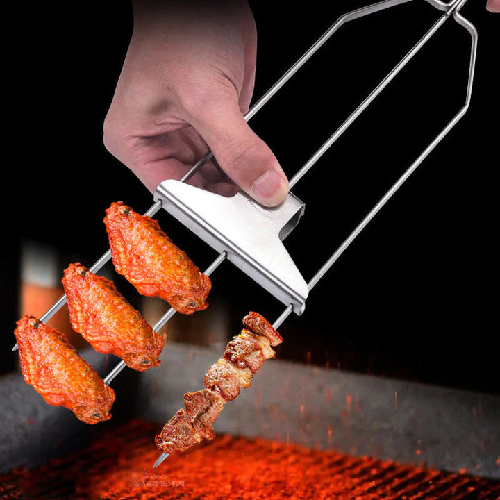 Edelstahl Grillspieße mit 9 Zinken – BlazeTrio für gleichmäßiges Garen von Fleisch, Fisch &amp; Gemüse | Spülmaschinenfest | inkl. Oxford-Tasche