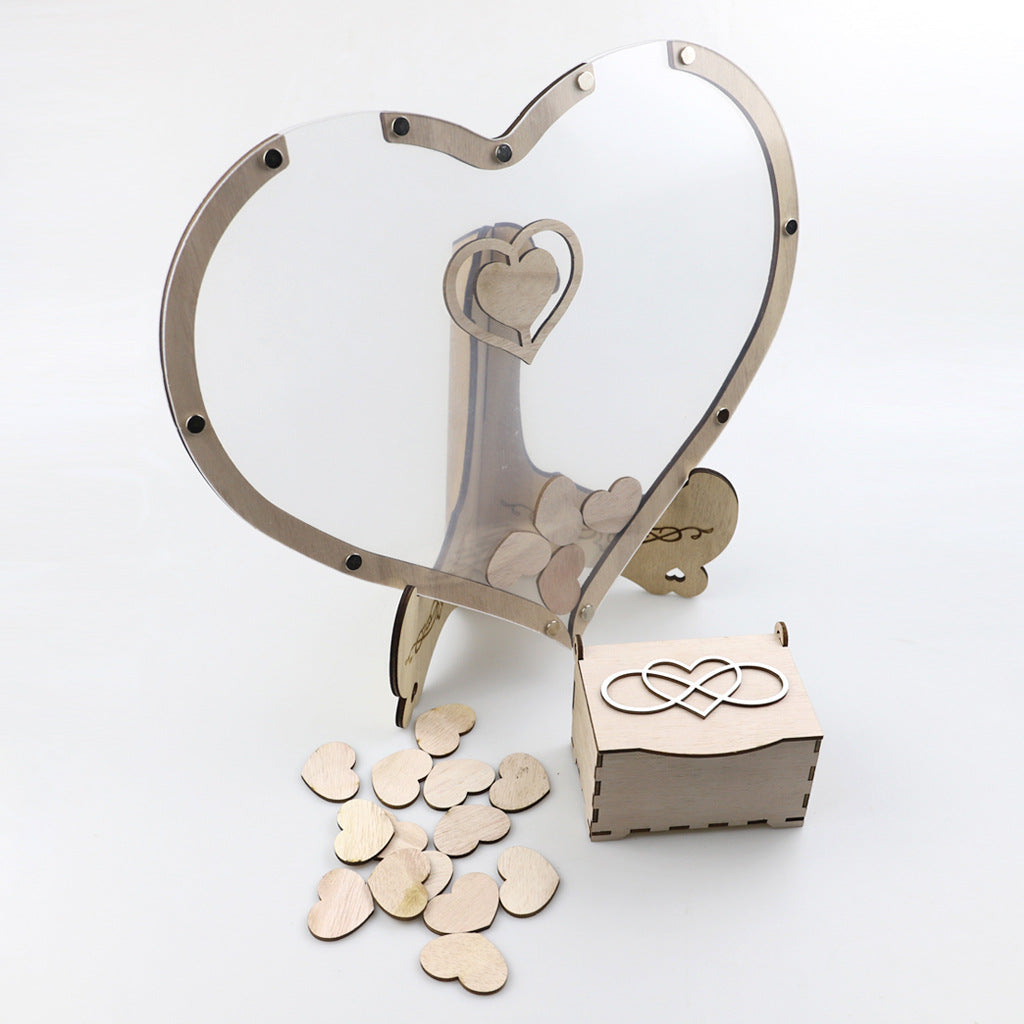 Libro degli ospiti per matrimoni a forma di cuore con cornice | decorazione ricordo con circa 80 cuori in legno | include supporto | 32×38×16 cm