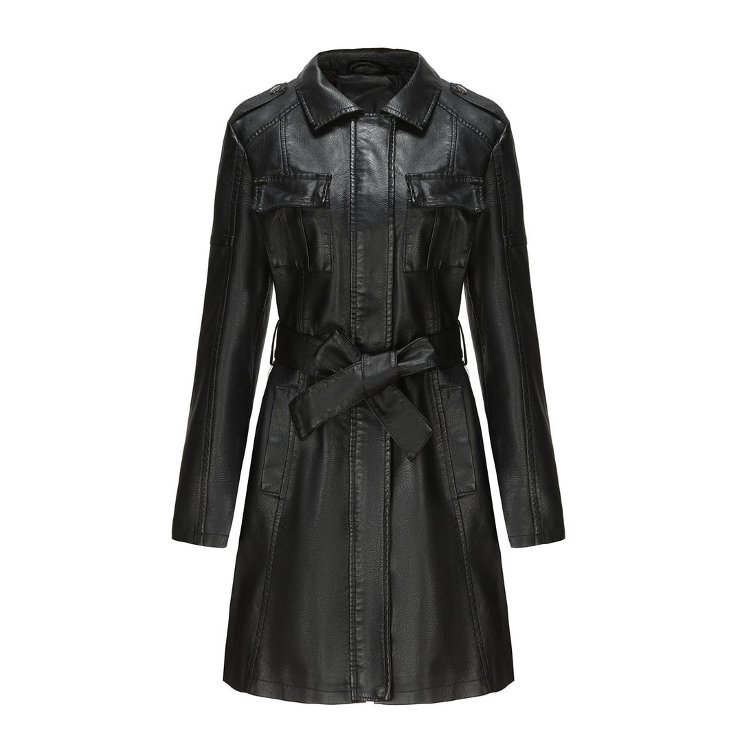 Damen Kunstledermantel mit Gürtel | Mittellanger Mantel im britischen Stil mit Taschen und langen Ärmeln für Herbstlooks