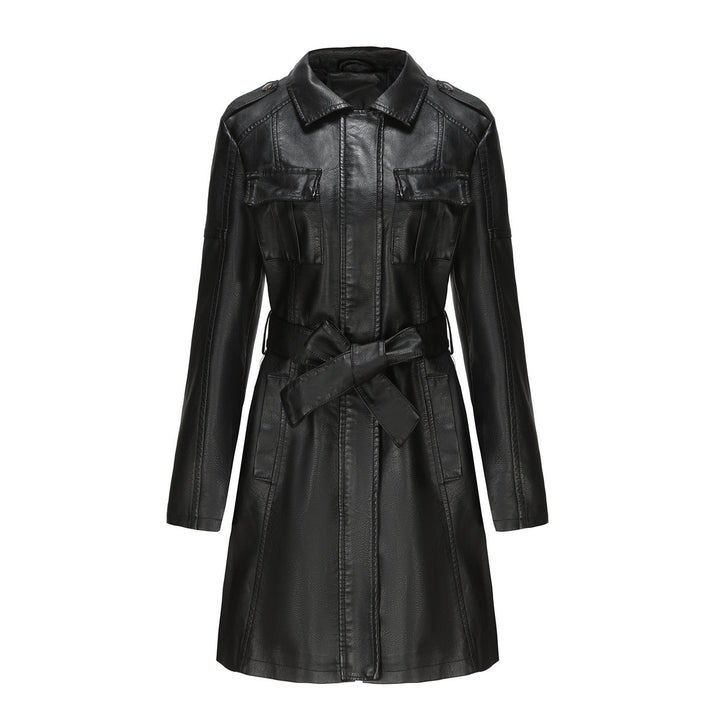 Damen Kunstledermantel mit Gürtel | Mittellanger Mantel im britischen Stil mit Taschen und langen Ärmeln für Herbstlooks