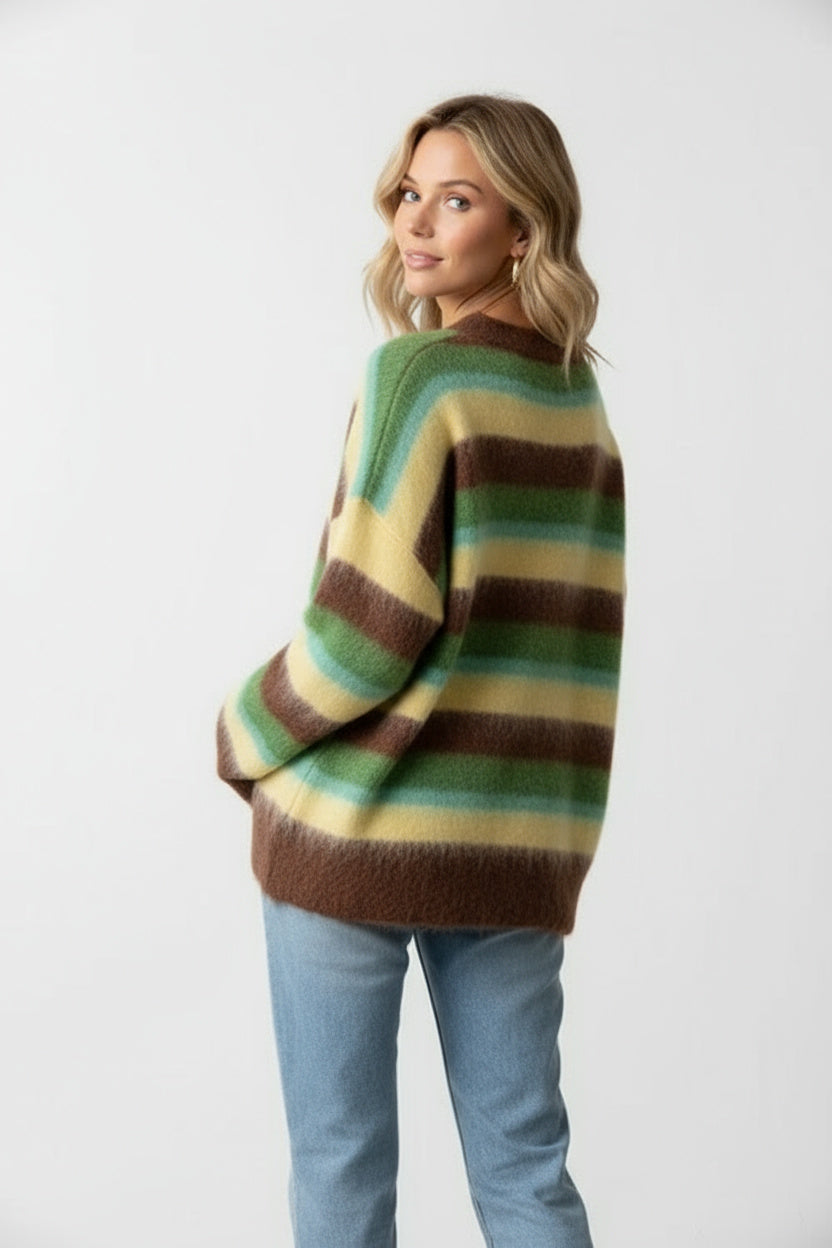 Damen Strickpullover mit buntem Streifenmuster | Weicher Rundhalspullover mit lockerer Passform und langen Ärmeln für Alltag und Freizeit