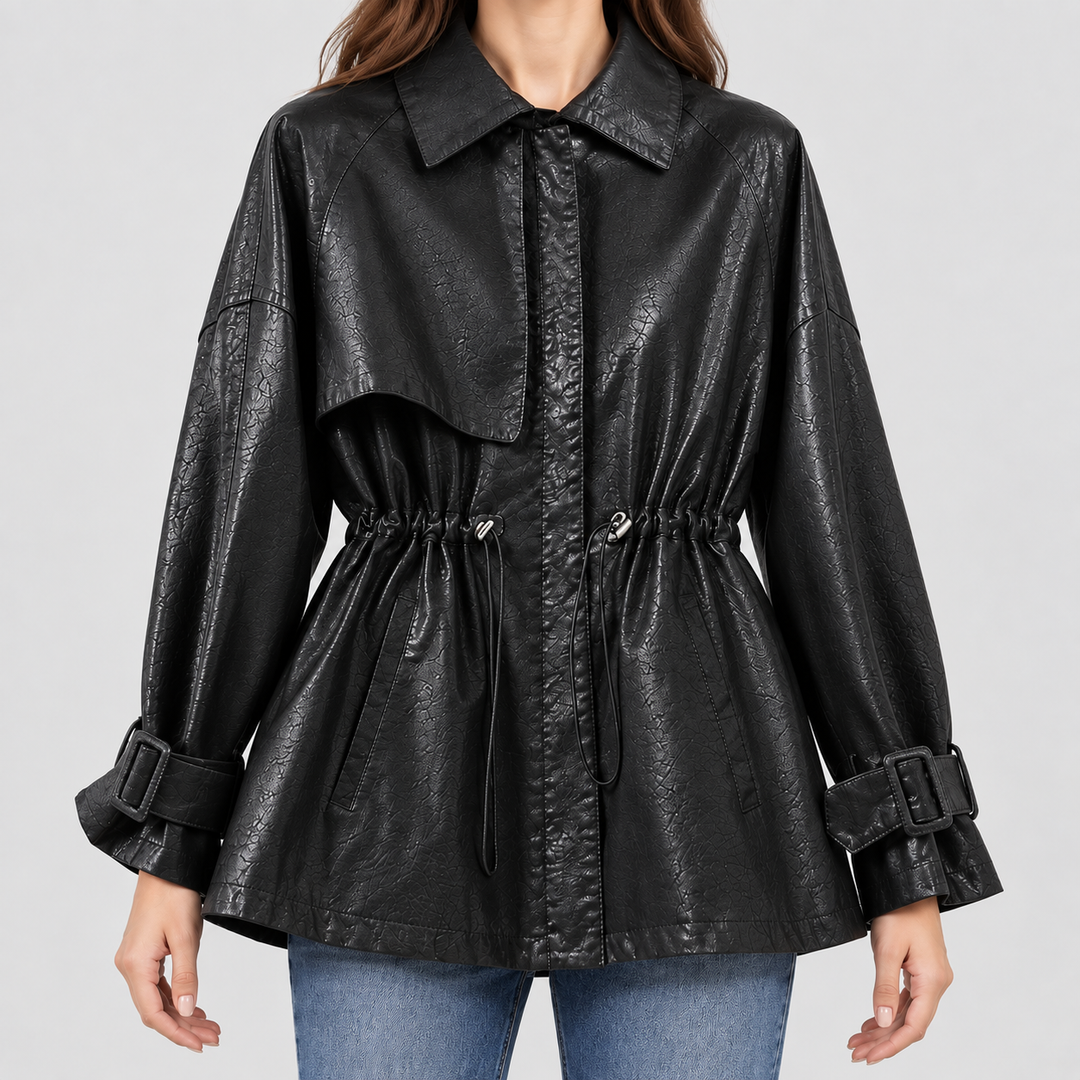 Damenjacke mit Hemdkragen und geraffter Taille | Ausgestellte Jacke mit Kordelzug, verdecktem Verschluss und Manschettenschnallen