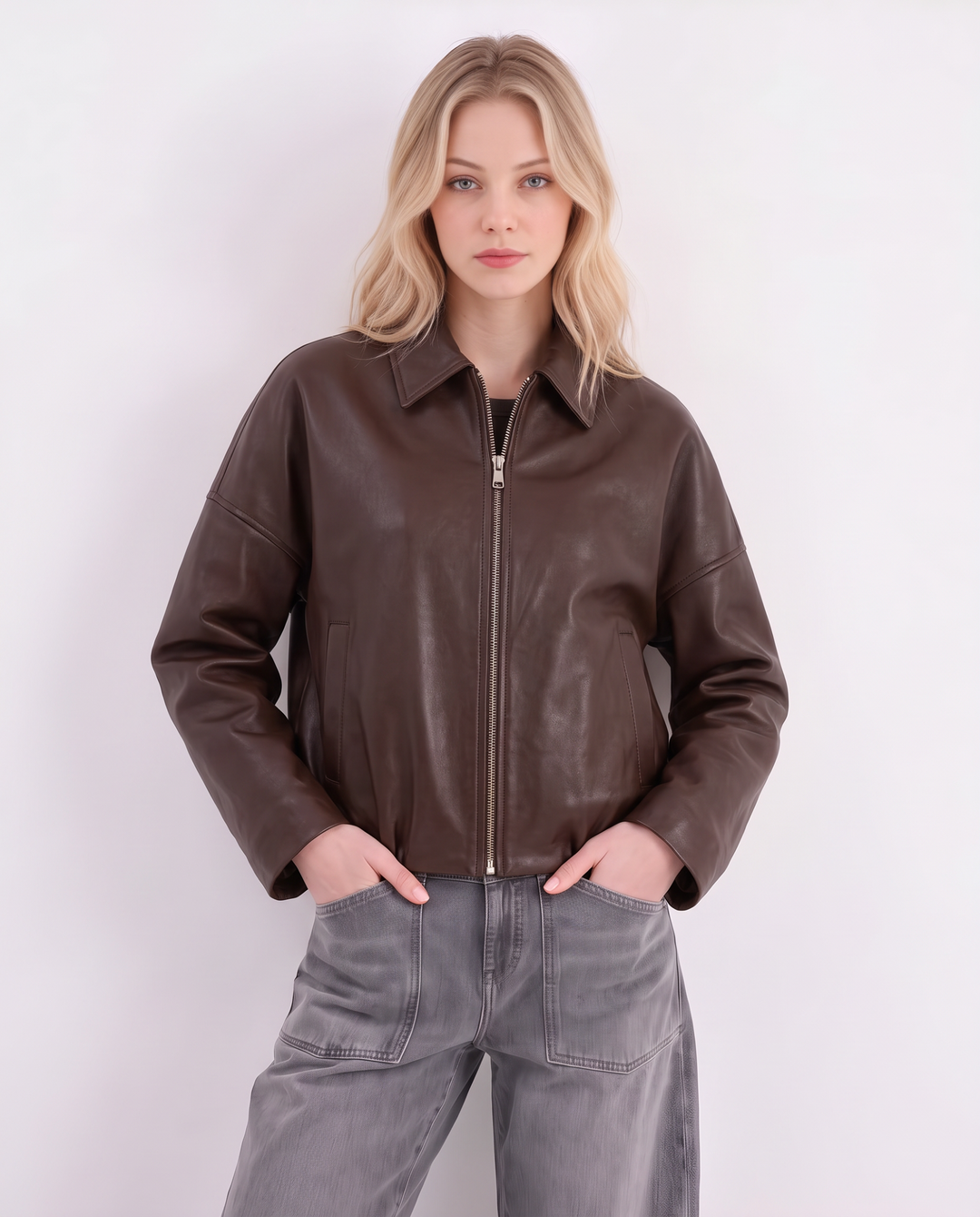 Kunstlederjacke | Mit Kentkragen, Eingrifftaschen und gerafftem Saum