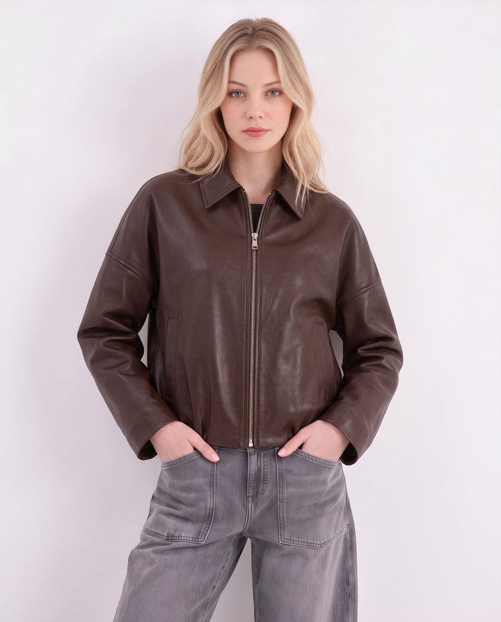 Kunstlederjacke | Mit Kentkragen, Eingrifftaschen und gerafftem Saum