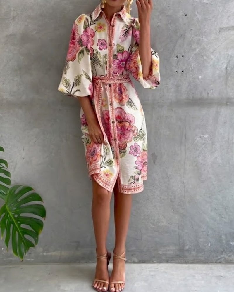 Damen A-Linien Kleid mit Print | Knielanges Kleid mit Reverskragen &amp; Laternenärmeln | Elegant für Frühling &amp; Sommer