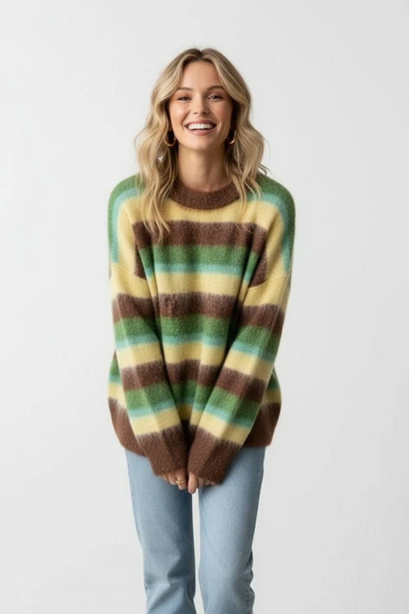 Damen Strickpullover mit buntem Streifenmuster | Weicher Rundhalspullover mit lockerer Passform und langen Ärmeln für Alltag und Freizeit