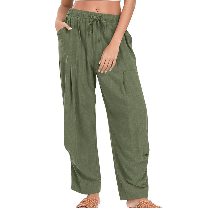 Damen Leinenhose mit Kordelzug aus Baumwoll-Leinen | Gerade Loungehose mit Taschen | Lockere Sommerhose für Alltag &amp; Freizeit