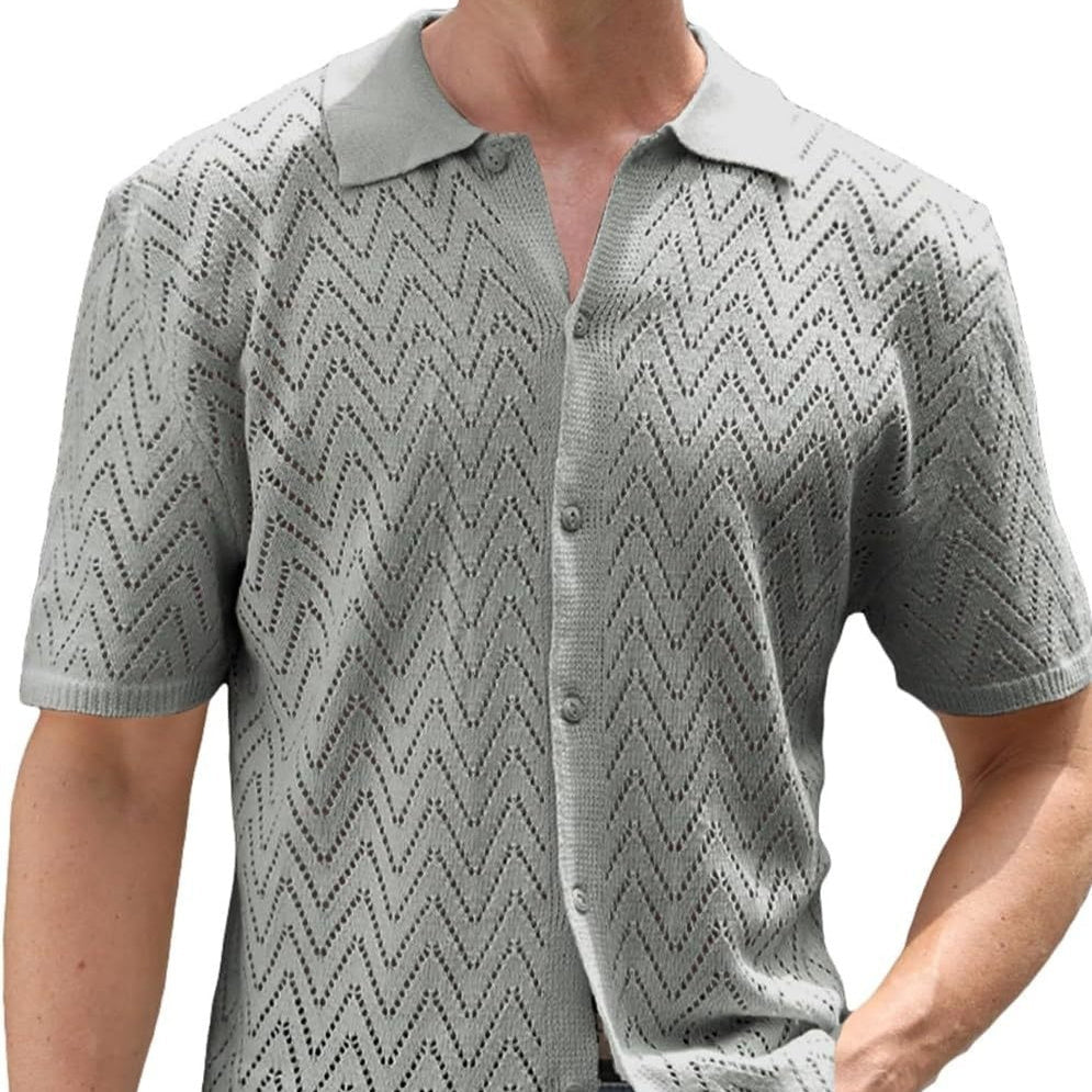 Herren Sommer Shirt Kurzarm Polyester mit Hohlmuster | Lockerer Freizeit-Look | Atmungsaktives Hemd für Urlaub und Alltag
