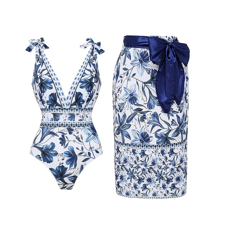 Damen Badeanzug mit V-Ausschnitt &amp; Wickelrock | Zweiteiliges Bademoden-Set mit Print | Figurfreundliche Strandmode