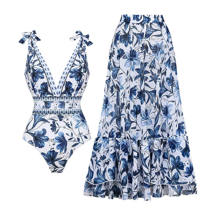 Damen Badeanzug mit V-Ausschnitt &amp; Wickelrock | Zweiteiliges Bademoden-Set mit Print | Figurfreundliche Strandmode