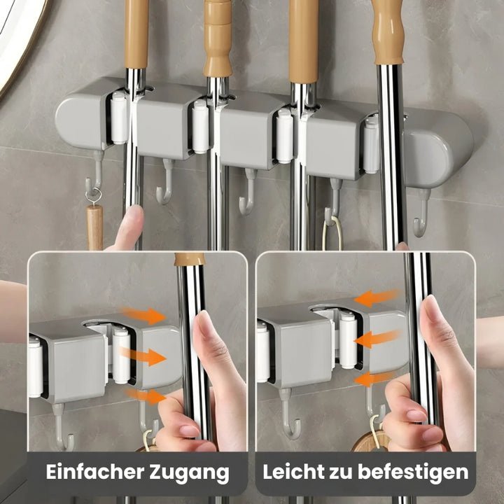 Wandhalterung für Besen &amp; Mopps ohne Bohren | GripMaster hält Stiele bis 2,8 cm sicher | Schlank, ABS, Grau/Weiß
