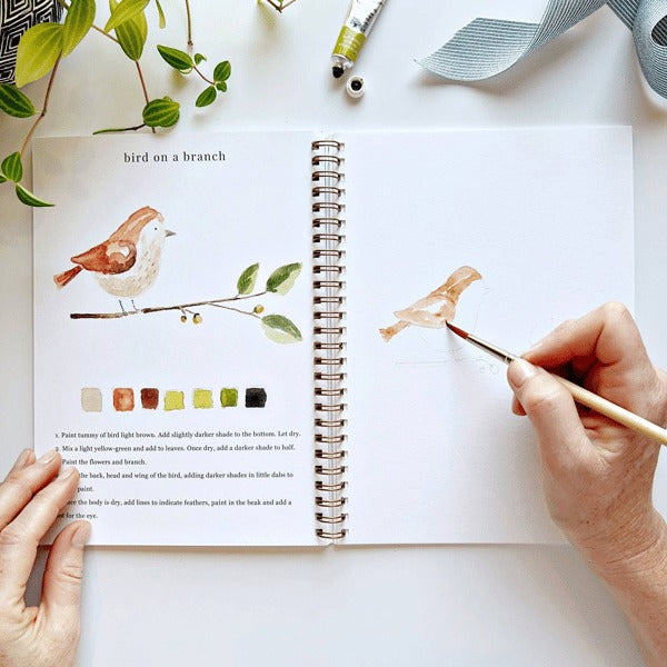 Cahier de travail aquarelle pour débutants | 12 motifs avec guide étape par étape | Papier 120 lb, 6,5"×9", mélange et peinture