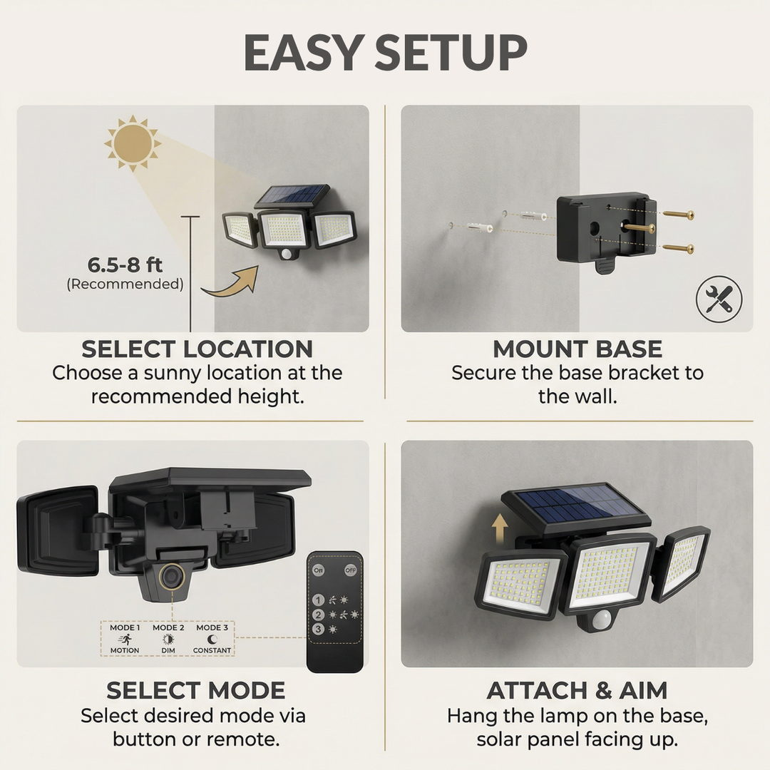 Solar-Außenleuchte mit Bewegungsmelder 270° | 3 Verstellbare LED-Köpfe | Fernbedienung &amp; IP65 Wasserdicht