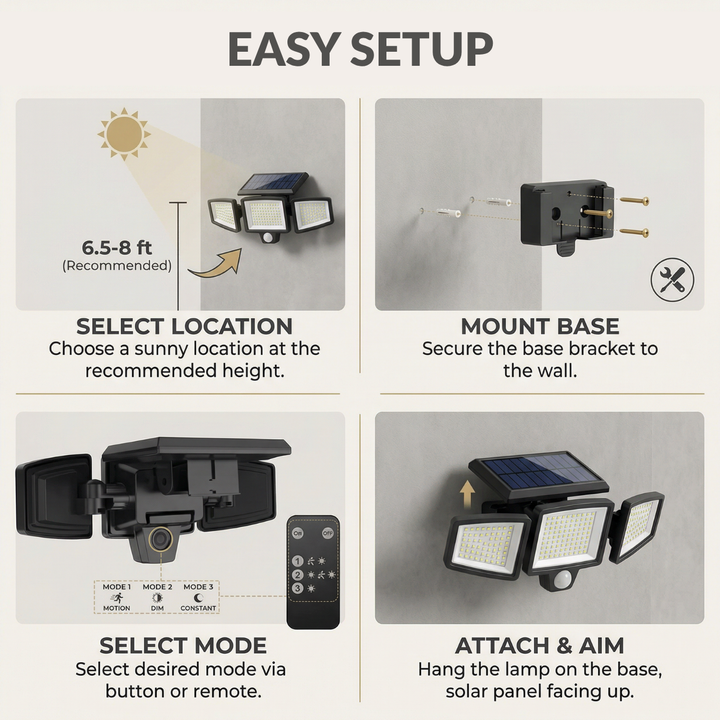 Solar-Außenleuchte mit Bewegungsmelder 270° | 3 Verstellbare LED-Köpfe | Fernbedienung &amp; IP65 Wasserdicht