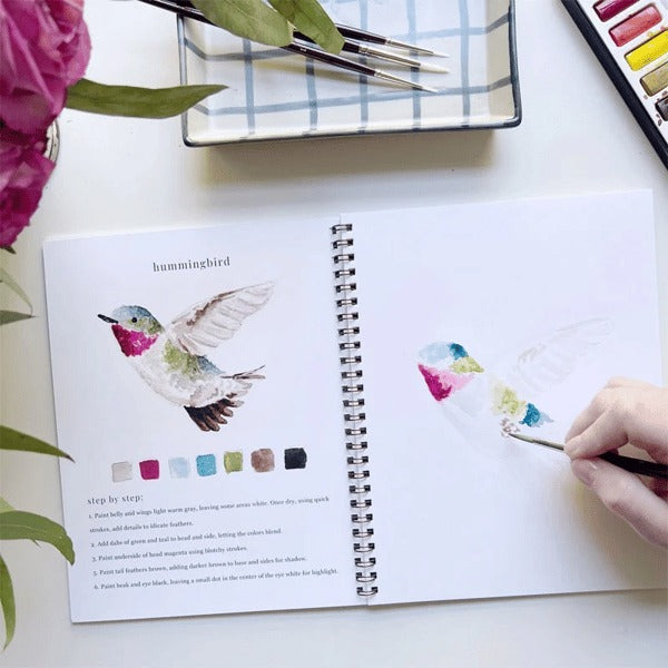 Cahier de travail aquarelle pour débutants | 12 motifs avec guide étape par étape | Papier 120 lb, 6,5"×9", mélange et peinture