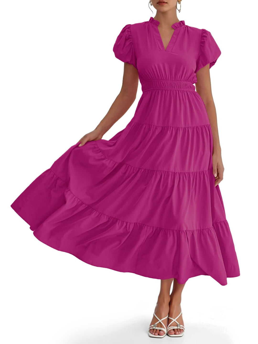 Damen Midikleid mit Puffärmeln &amp; V-Ausschnitt | Gesmokte Taille &amp; stufiger Rock | Fließend, atmungsaktiv, S–XXL