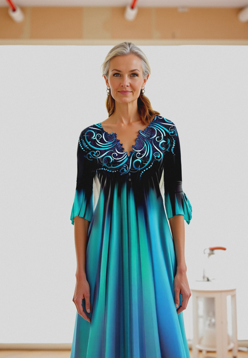 Damen Midi-Kleid mit Farbverlauf &amp; 3/4-Ärmeln | Schmeichelnde Passform | Elegant &amp; vielseitig für Alltag &amp; Anlass