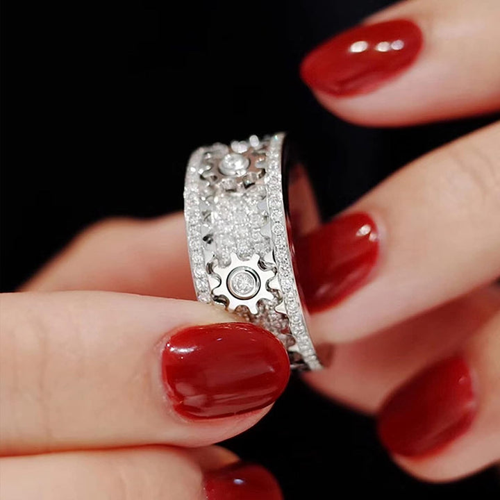 Fidget ring met draaiende tandwielen | Verstelbaar design | Chirurgisch RVS, hypoallergeen | Stil draaien voor focus | Zilver/Zwart
