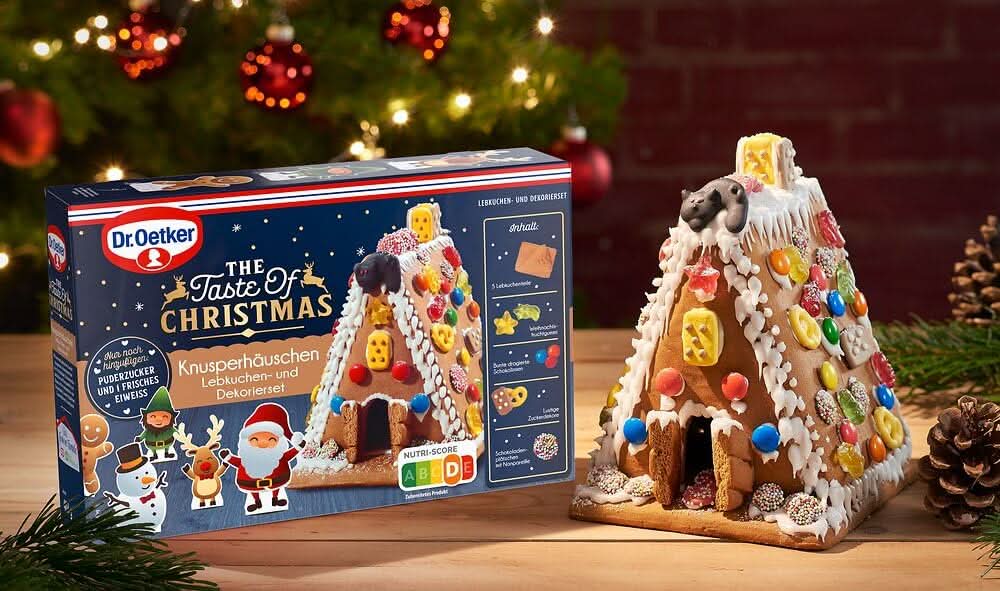 Lebkuchenhaus Bauset 403 g zum Selberbauen | Knusper-Häuschen mit Lebkuchenteilen, Zuckerguss und bunter Dekoration für Weihnachten