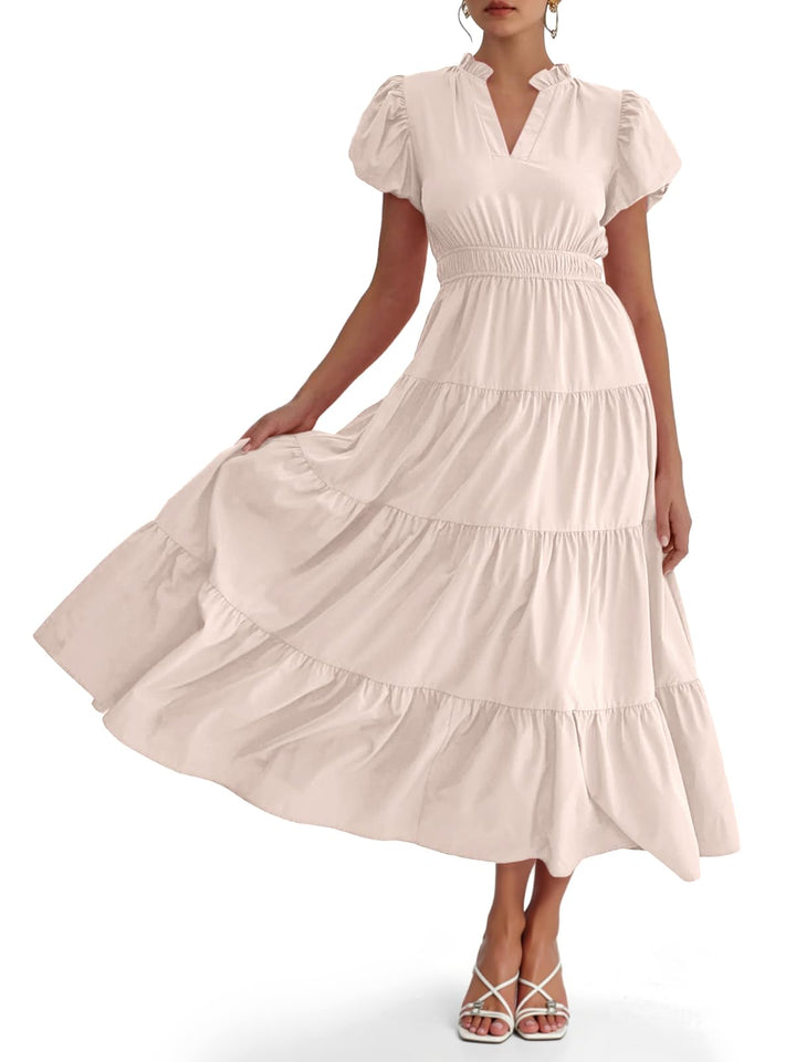 Damen Midikleid mit Puffärmeln &amp; V-Ausschnitt | Gesmokte Taille &amp; stufiger Rock | Fließend, atmungsaktiv, S–XXL