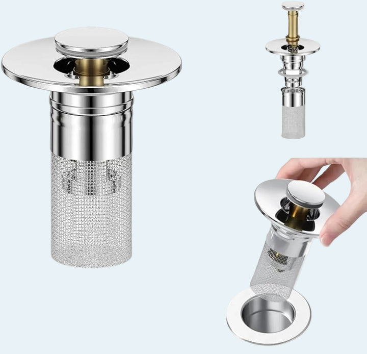Edelstahl-Abflusssieb mit Stöpsel-Funktion | Herausnehmbarer Filterkorb gegen Verstopfungen | Für Waschbecken &amp; Dusche